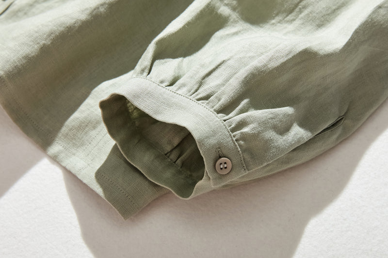 他にないデザイン♪バンドカラリネンシャツ　リネン100％　長袖　　230923