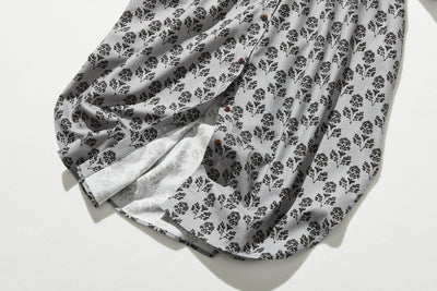 春にぴったりのエレガントな柄ワンピース　コットン混　シャツワンピース グレー　250304-2