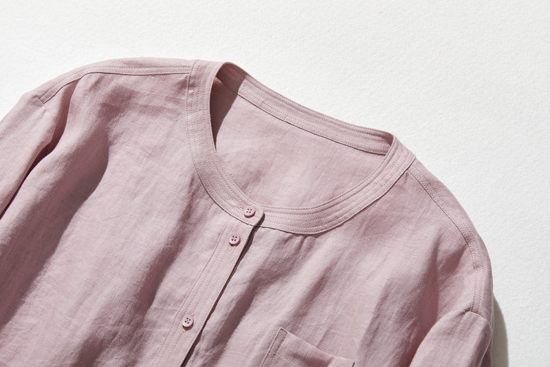 他にないデザイン♪バンドカラリネンシャツ　リネン100％　長袖　　230923