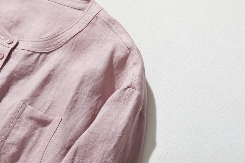 他にないデザイン♪バンドカラリネンシャツ　リネン100％　長袖　　230923