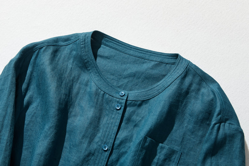 他にないデザイン♪バンドカラリネンシャツ　リネン100％　長袖　　230923