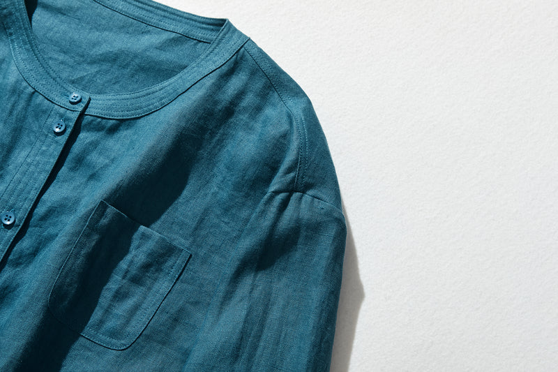 他にないデザイン♪バンドカラリネンシャツ　リネン100％　長袖　　230923