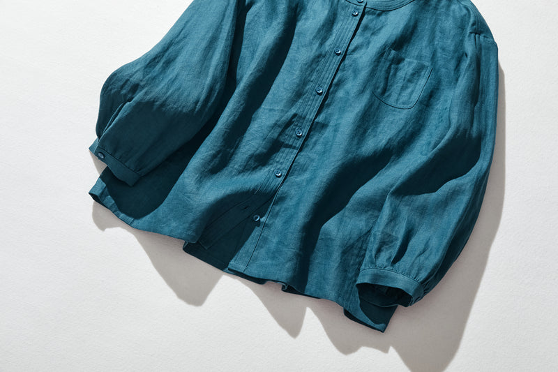 他にないデザイン♪バンドカラリネンシャツ　リネン100％　長袖　　230923