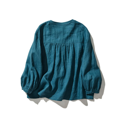 他にないデザイン♪バンドカラリネンシャツ　リネン100％　長袖　　230923