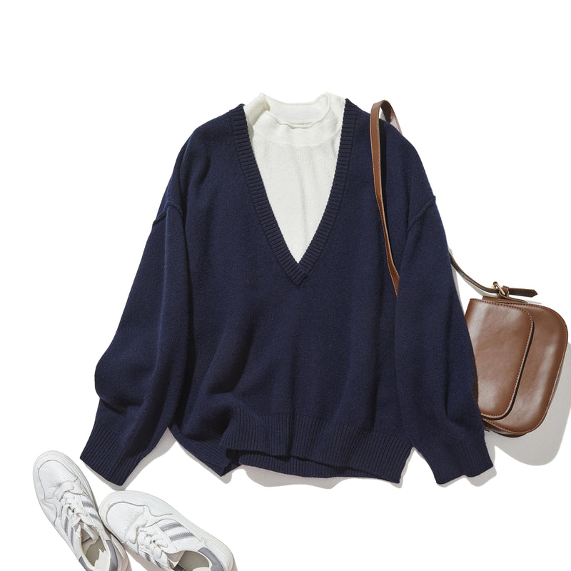 Warm and cozy. Shetland wool oversized sweater, V-neck sweater 251105