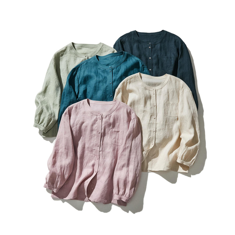 他にないデザイン♪バンドカラリネンシャツ　リネン100％　長袖　　230923