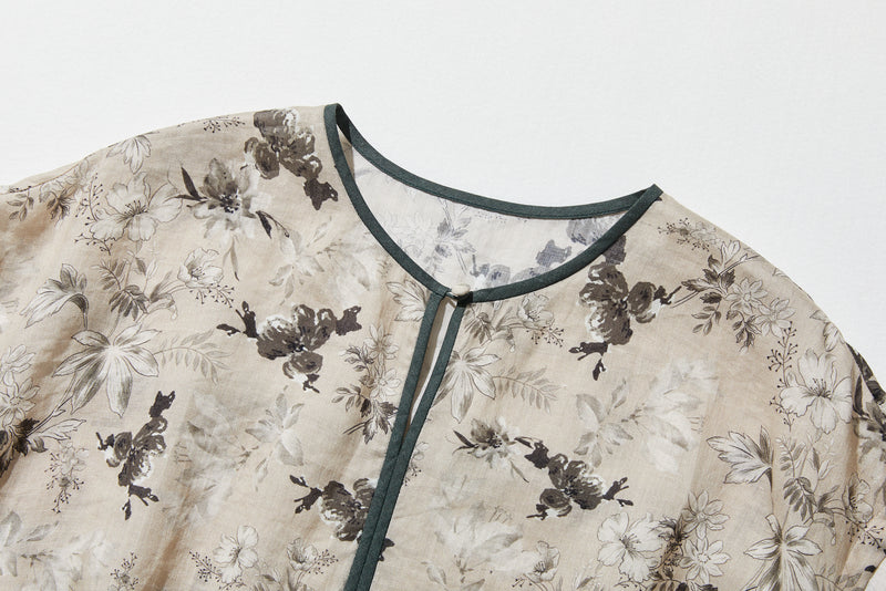 上質で大人デザイントップス　半袖　フレンチスリーブ ブラウス　麻100％　配色シャツ　250807-1