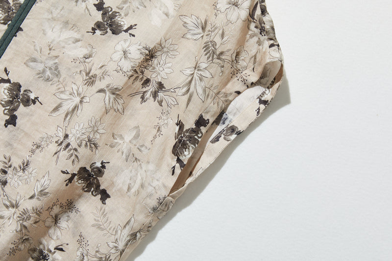 上質で大人デザイントップス　半袖　フレンチスリーブ ブラウス　麻100％　配色シャツ　250807-1