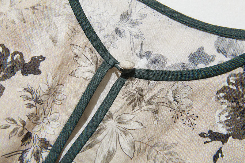 上質で大人デザイントップス　半袖　フレンチスリーブ ブラウス　麻100％　配色シャツ　250807-1