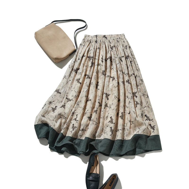 通年愛用できる綿裏地付 上質リネンカート ロングスカート　ギャザースカート 250808-1