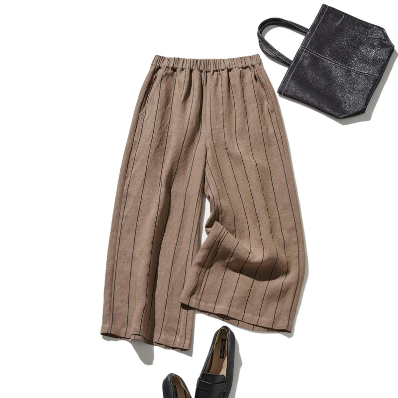 着やせデザインで動きやすさとスタイルアップを両立 オリジナル ストライプワイドパンツ リネン100％　 250405