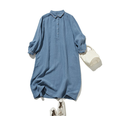 上品なアクセントが映える、フレンチリネンのAラインワンピース　リネンワンピース 250916