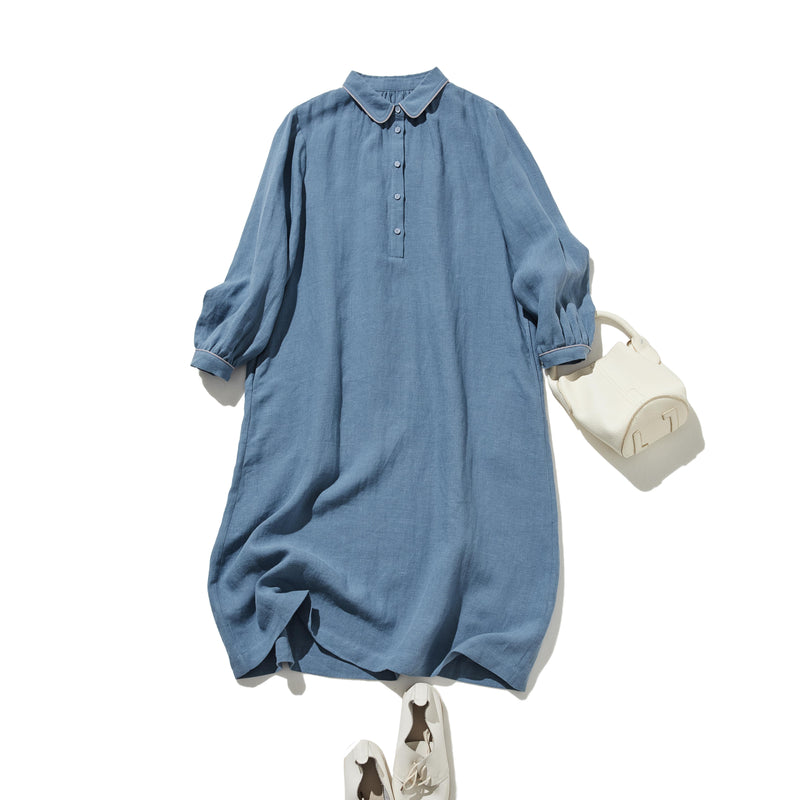 上品なアクセントが映える、フレンチリネンのAラインワンピース　リネンワンピース 250916