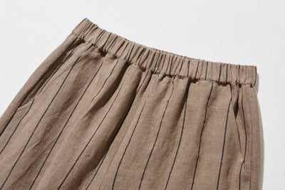 着やせデザインで動きやすさとスタイルアップを両立 オリジナル ストライプワイドパンツ リネン100％　 250405