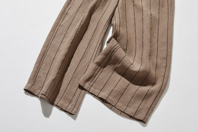 着やせデザインで動きやすさとスタイルアップを両立 オリジナル ストライプワイドパンツ リネン100％　 250405