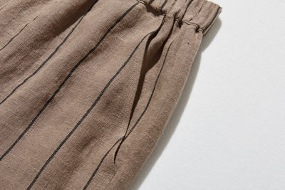 着やせデザインで動きやすさとスタイルアップを両立 オリジナル ストライプワイドパンツ リネン100％　 250405