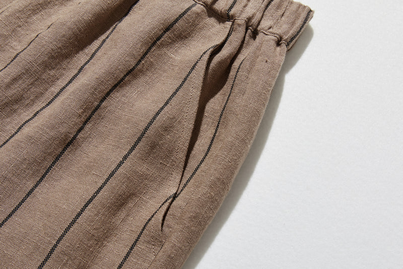 着やせデザインで動きやすさとスタイルアップを両立 オリジナル ストライプワイドパンツ リネン100％　 250405