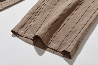 着やせデザインで動きやすさとスタイルアップを両立 オリジナル ストライプワイドパンツ リネン100％　 250405