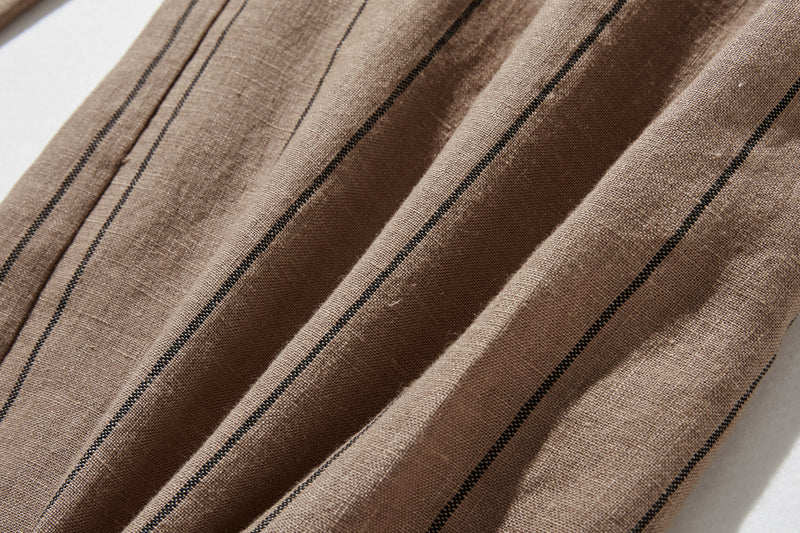 着やせデザインで動きやすさとスタイルアップを両立 オリジナル ストライプワイドパンツ リネン100％　 250405