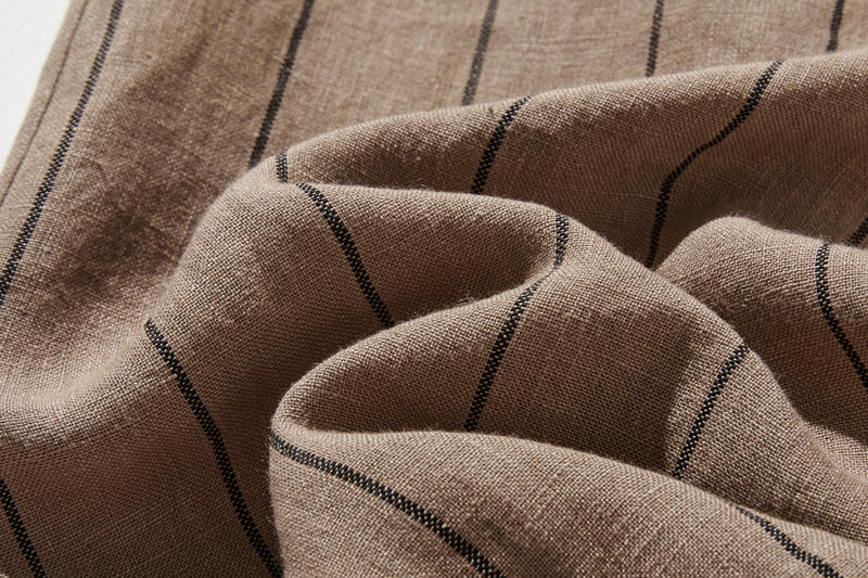 着やせデザインで動きやすさとスタイルアップを両立 オリジナル ストライプワイドパンツ リネン100％　 250405