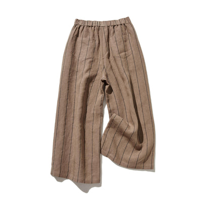 着やせデザインで動きやすさとスタイルアップを両立 オリジナル ストライプワイドパンツ リネン100％　 250405