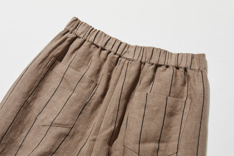 着やせデザインで動きやすさとスタイルアップを両立 オリジナル ストライプワイドパンツ リネン100％　 250405