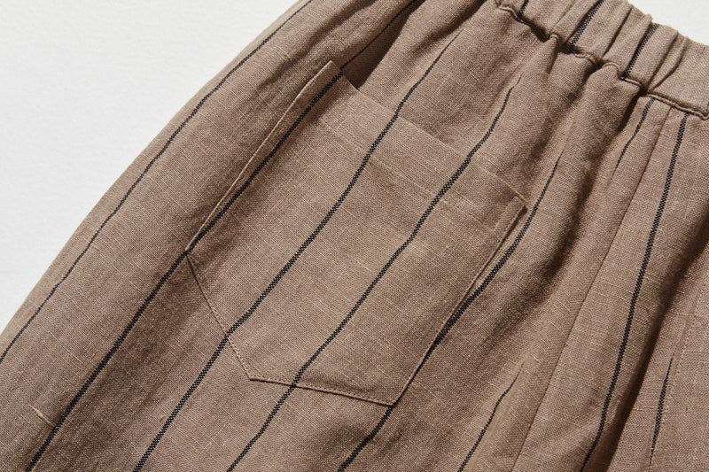 着やせデザインで動きやすさとスタイルアップを両立 オリジナル ストライプワイドパンツ リネン100％　 250405