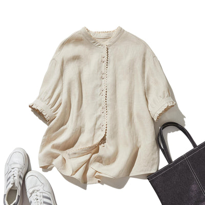 上品な着こなしに♪ リネン100% バンドカラーシャツ リネンブラウス 半袖シャツ　　250509