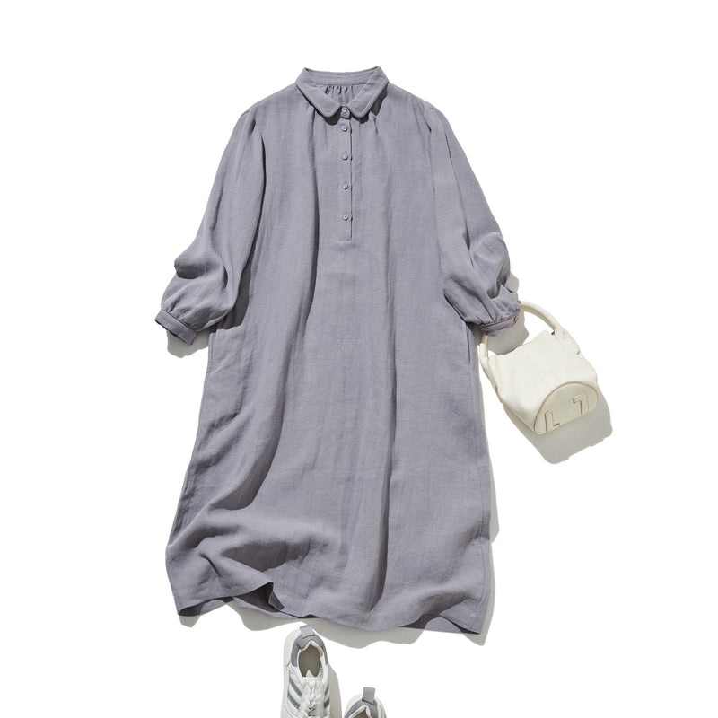 上品なアクセントが映える、フレンチリネンのAラインワンピース　リネンワンピース 250916