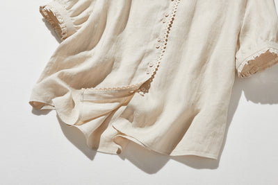 上品な着こなしに♪ リネン100% バンドカラーシャツ リネンブラウス 半袖シャツ　　250509