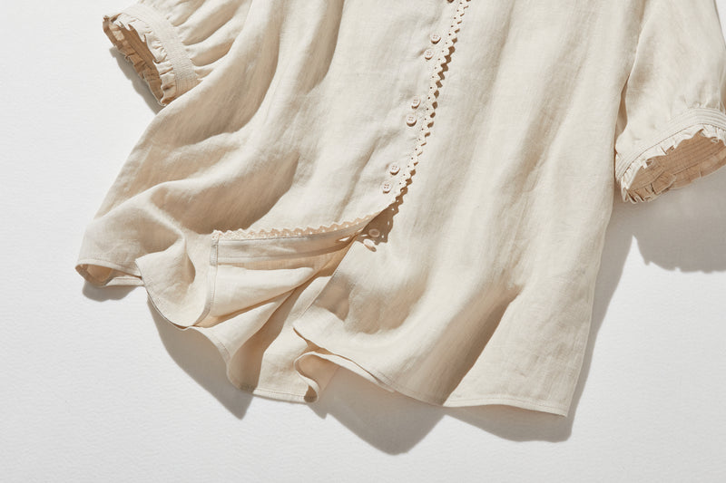 上品な着こなしに♪ リネン100% バンドカラーシャツ リネンブラウス 半袖シャツ　　250509