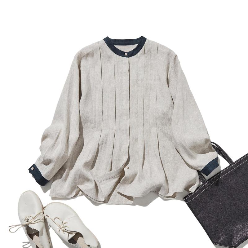 シンプルだけど、どこか特別 プリーツ加工シャツブラウス リネン100％シャツ　250915-1
