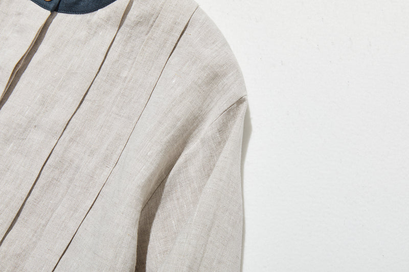 シンプルだけど、どこか特別 プリーツ加工シャツブラウス リネン100％シャツ　250915-1