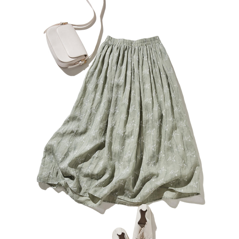 ナチュラルな大人可愛いを叶える 麻100% フラワーフレアスカート　ギャザースカート 　250706