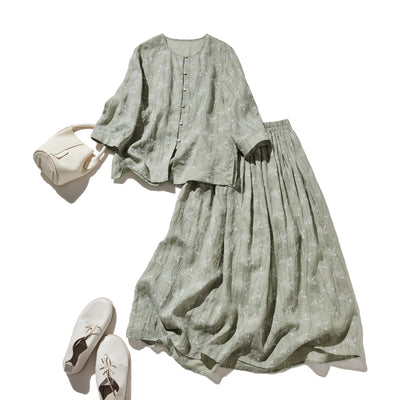 ナチュラルな大人可愛いを叶える 麻100% フラワーフレアスカート　ギャザースカート 　250706