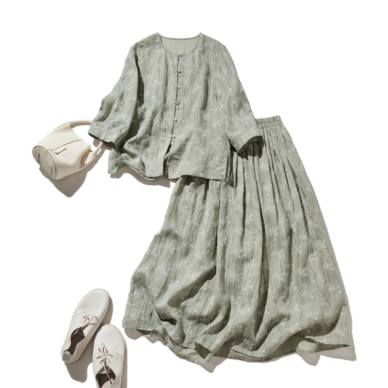 ナチュラルな大人可愛いを叶える 麻100% フラワーフレアスカート　ギャザースカート 　250706