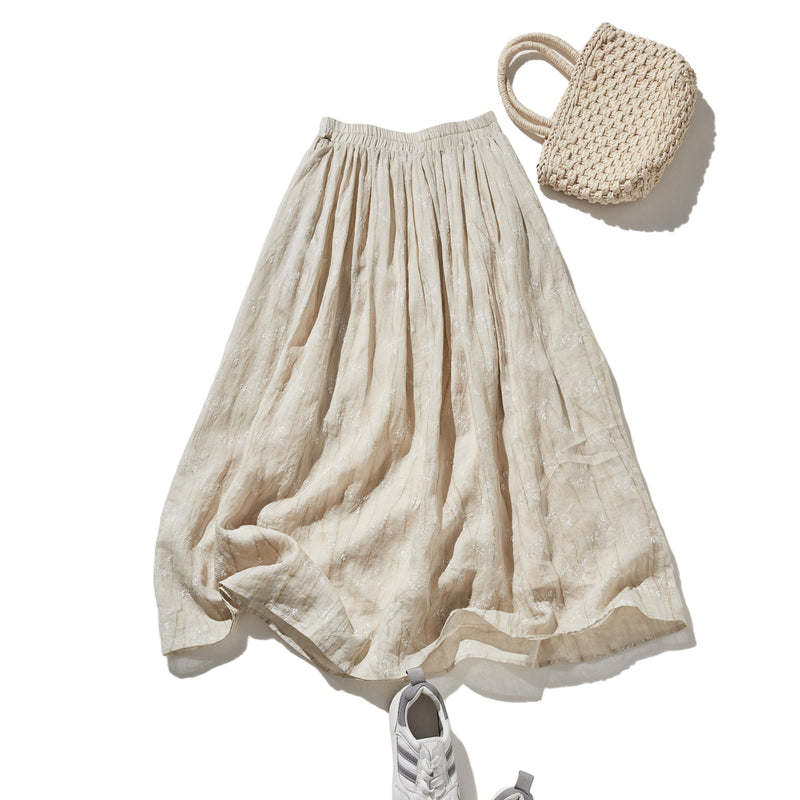 ナチュラルな大人可愛いを叶える 麻100% フラワーフレアスカート　ギャザースカート 　250706