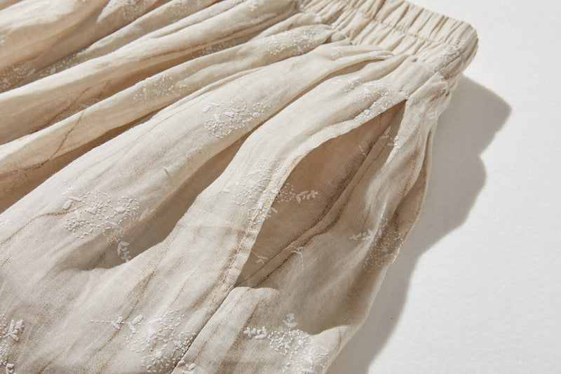 ナチュラルな大人可愛いを叶える 麻100% フラワーフレアスカート　ギャザースカート 　250706