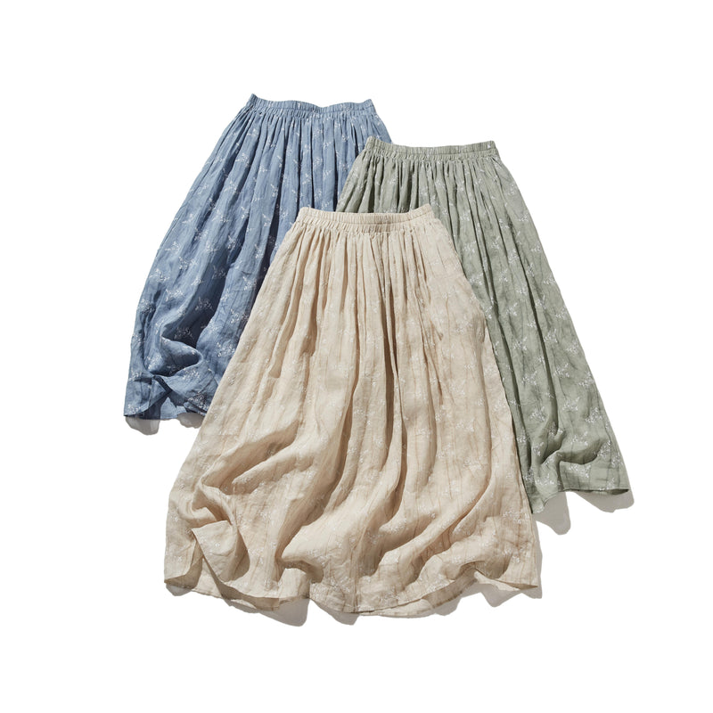 ナチュラルな大人可愛いを叶える 麻100% フラワーフレアスカート　ギャザースカート 　250706