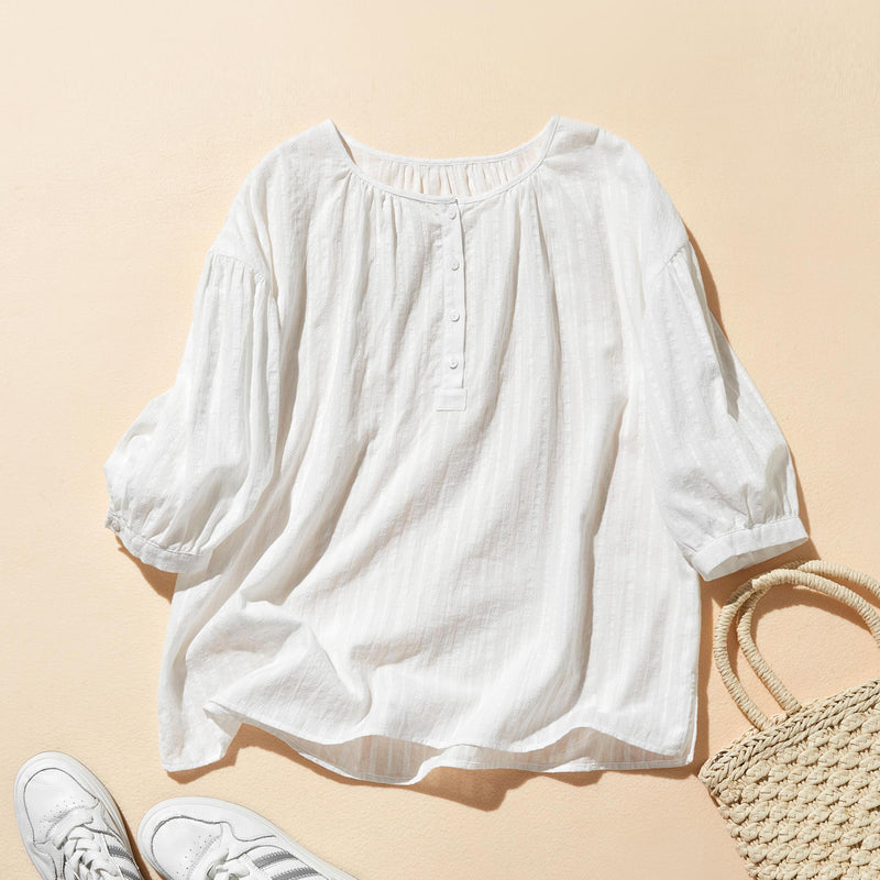 大人可愛い抜け感放つ　7分袖ブラウス　コットン100％ 　ホワイト　250602-1