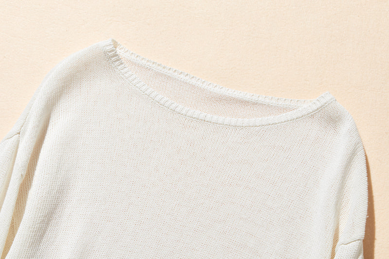 吸湿速乾！ 大人カジュアルニットプルオーバー　和紙糸ニット　オフィス対応　夏物ニット　ホワイト250805-1