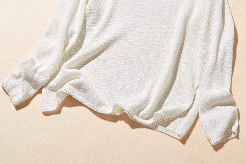 吸湿速乾！ 大人カジュアルニットプルオーバー　和紙糸ニット　オフィス対応　夏物ニット　ホワイト250805-1