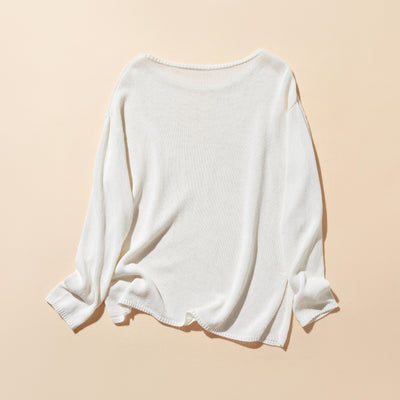 吸湿速乾！ 大人カジュアルニットプルオーバー　和紙糸ニット　オフィス対応　夏物ニット　ホワイト250805-1