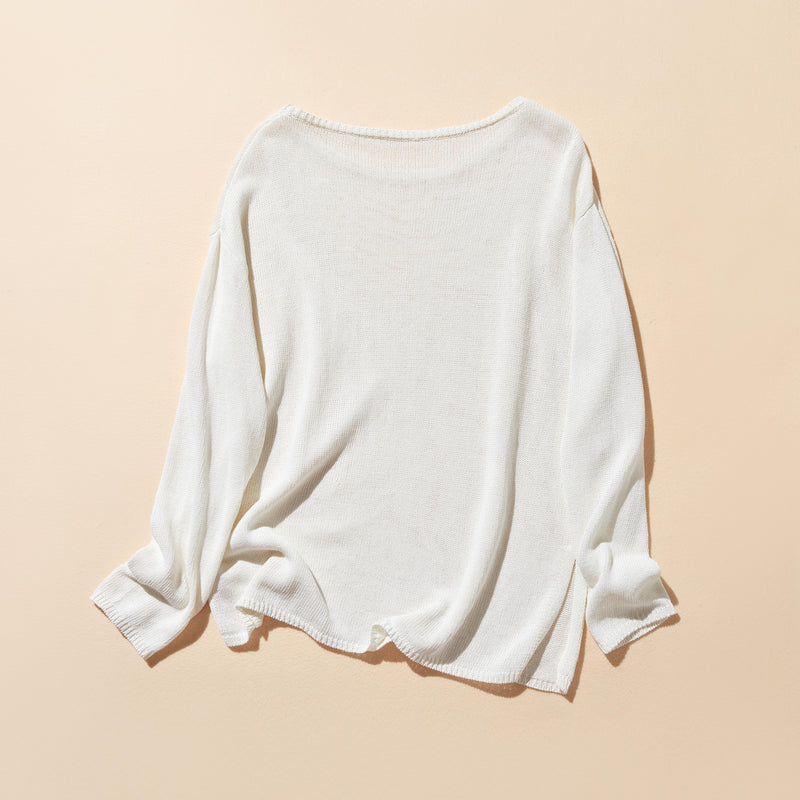 吸湿速乾！ 大人カジュアルニットプルオーバー　和紙糸ニット　オフィス対応　夏物ニット　ホワイト250805-1