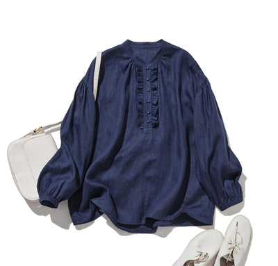 フロントフリルが可愛い フランチリネン100％　シャツブラウス 250913