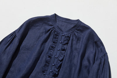 フロントフリルが可愛い フランチリネン100％　シャツブラウス 250913