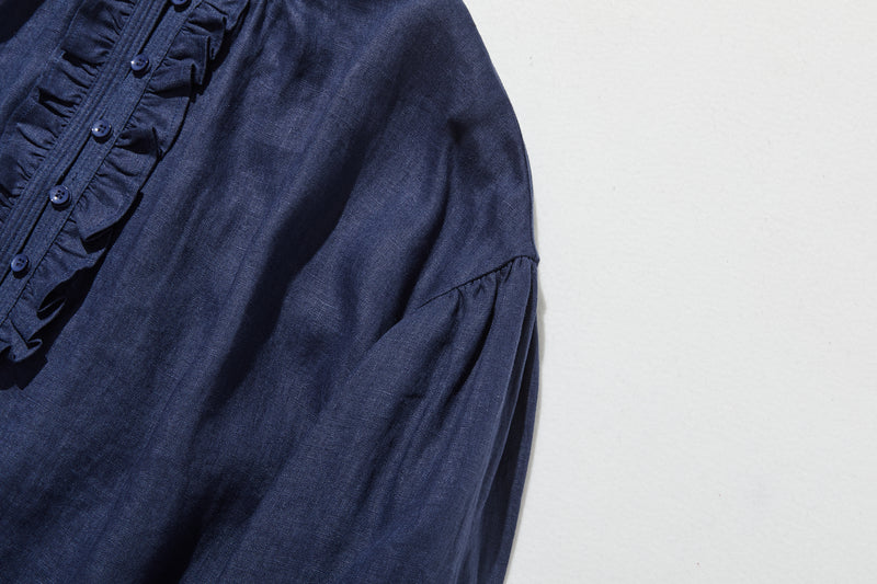 フロントフリルが可愛い フランチリネン100％　シャツブラウス 250913