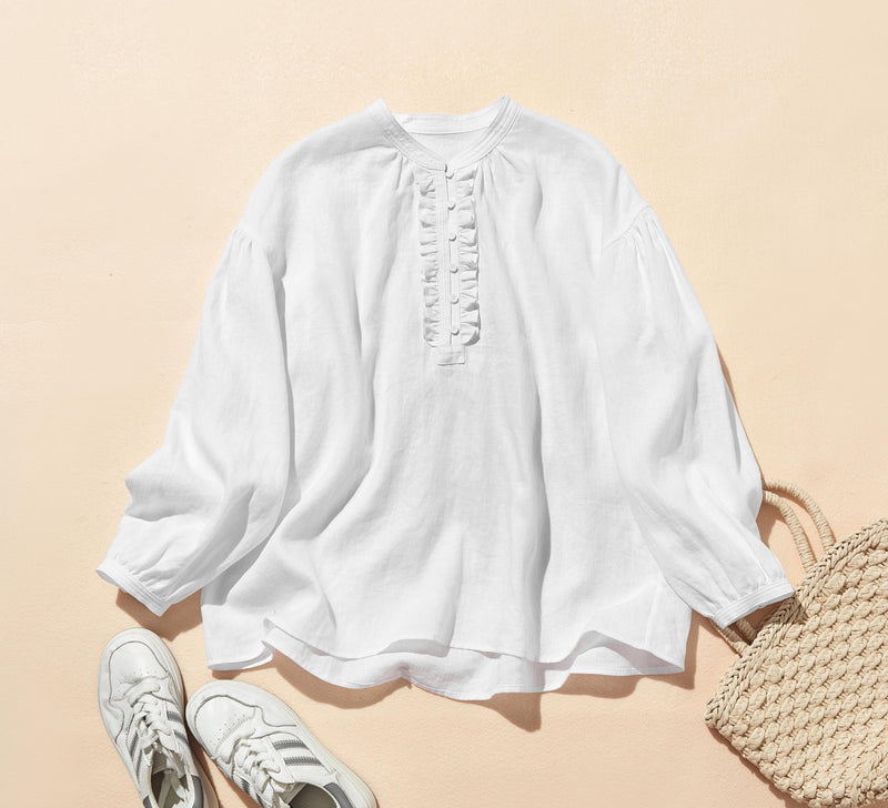 フロントフリルが可愛い フランチリネン100％　シャツブラウス 250913