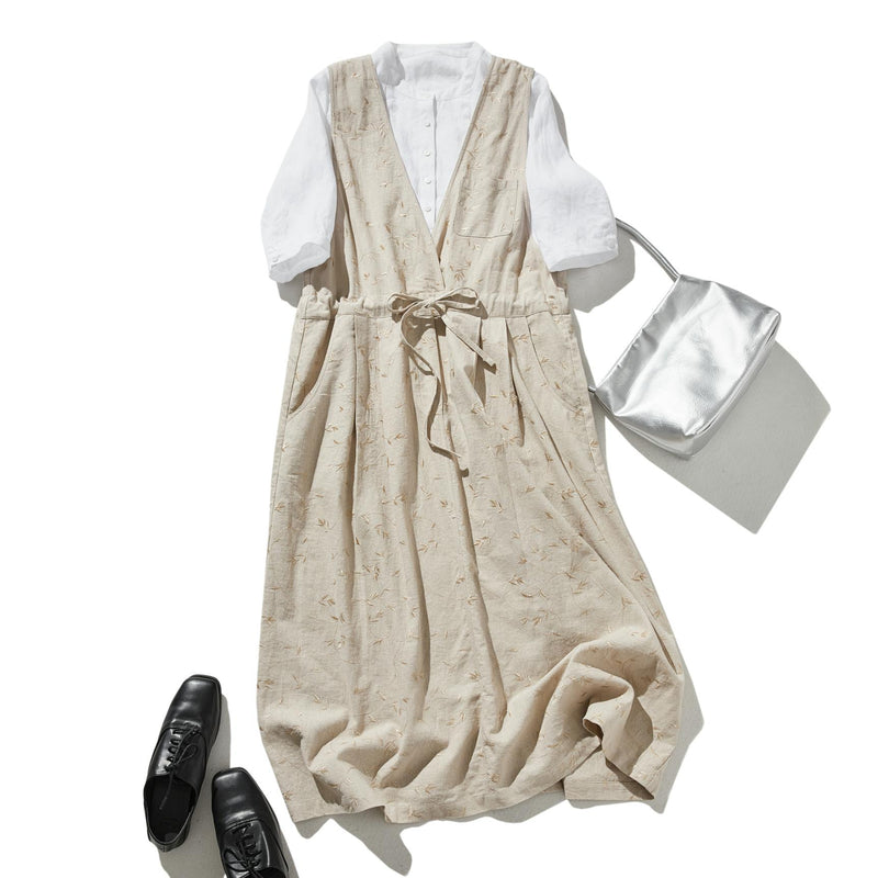 期間限定10％OFF★シルエットで魅せる、上質感のある刺繍生地ジャンパースカート　コットンリネン 　230930-2