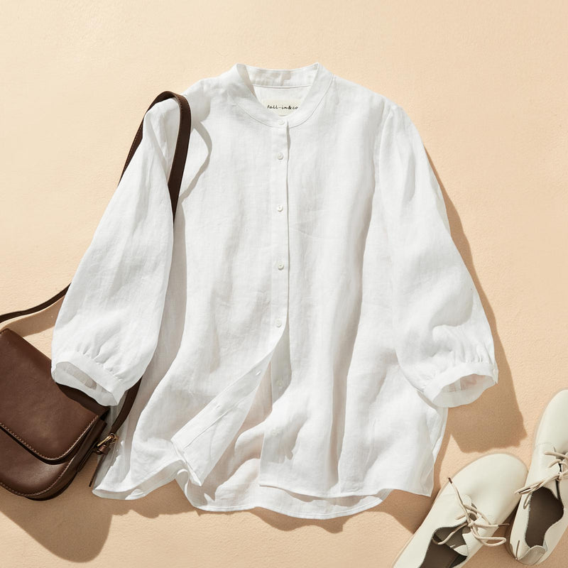 採用優質亞麻布料製成的襯衫，具有自然紋理四分之三袖襯衫 240503。